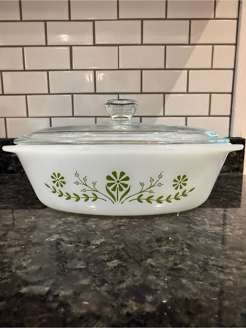 Vintage GLASBAKE Green Daisy Oval Baking Dish 1QT Casserole W/Fin Style Lid